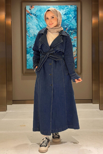 Neways - 6458-Denim Allerli Trençkot Koyu Mavi