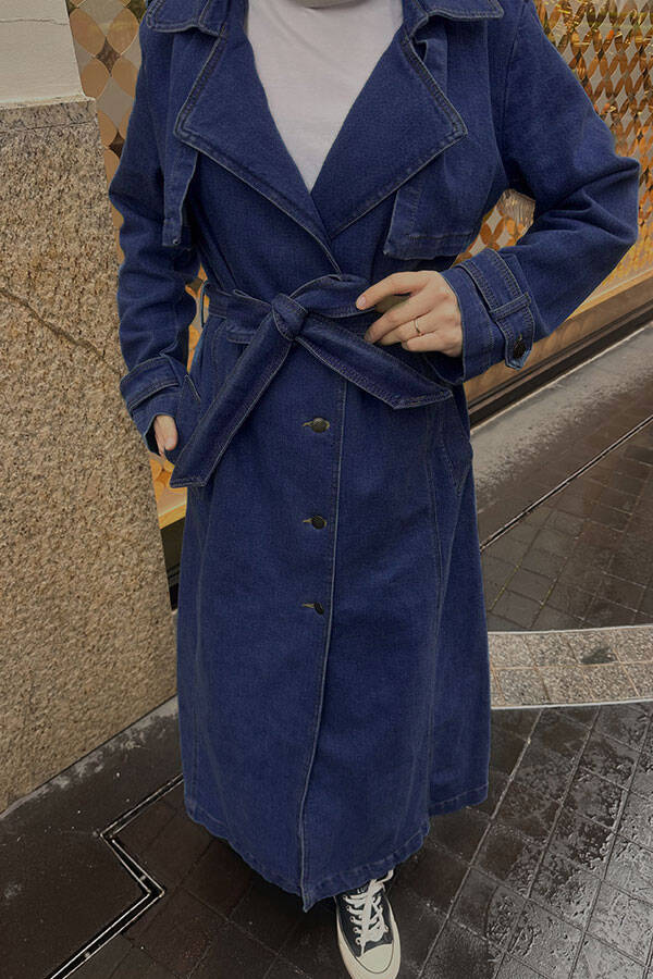 6458-Denim Allerli Trençkot Koyu Mavi