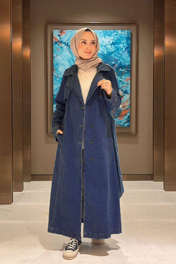 6458-Denim Allerli Trençkot Koyu Mavi