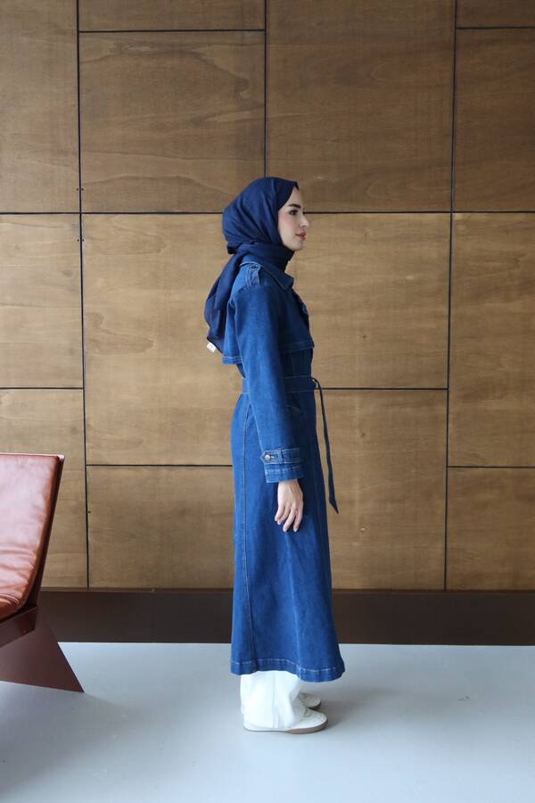 6458-Denim Allerli Trençkot Koyu Mavi
