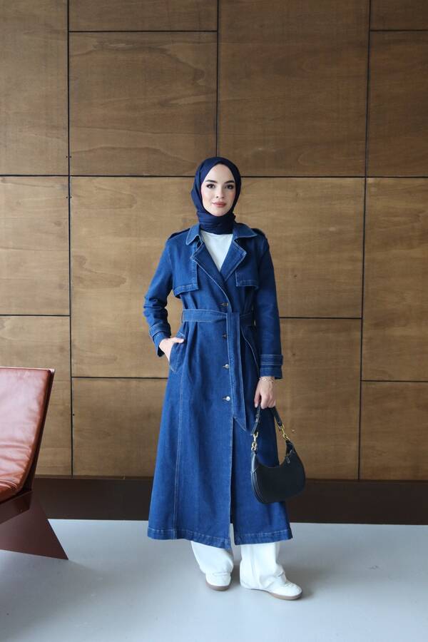 6458-Denim Allerli Trençkot Koyu Mavi