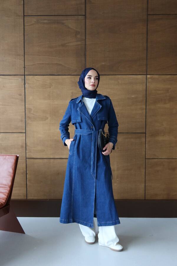6458-Denim Allerli Trençkot Koyu Mavi