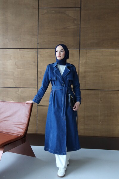 Neways - 6458-Denim Allerli Trençkot Koyu Mavi