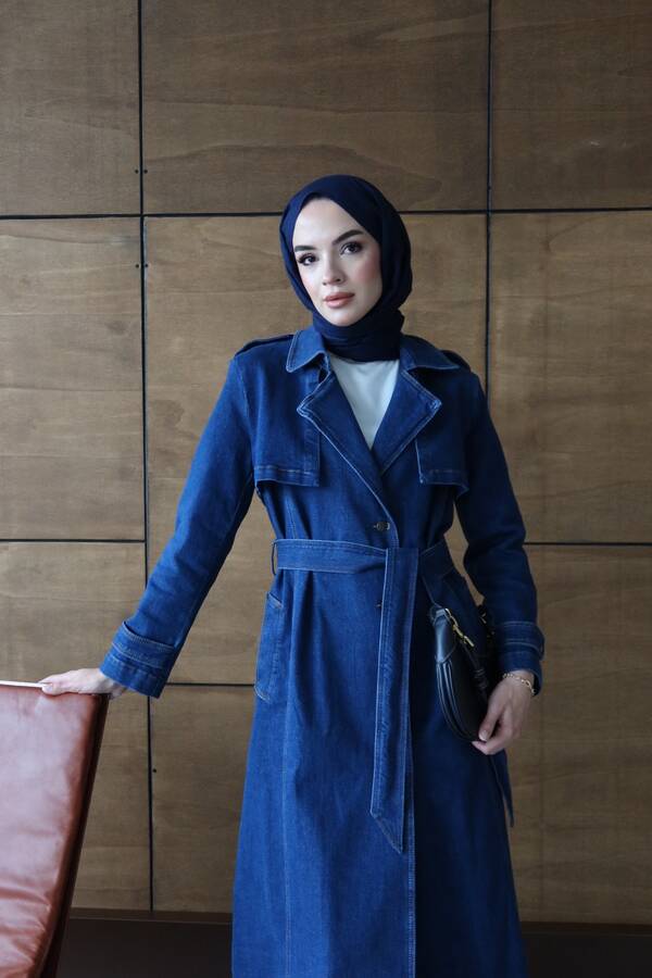 6458-Denim Allerli Trençkot Koyu Mavi