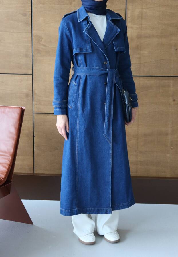 6458-Denim Allerli Trençkot Koyu Mavi