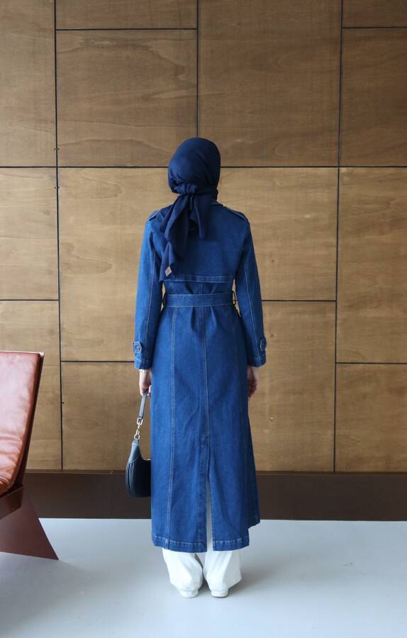 6458-Denim Allerli Trençkot Koyu Mavi