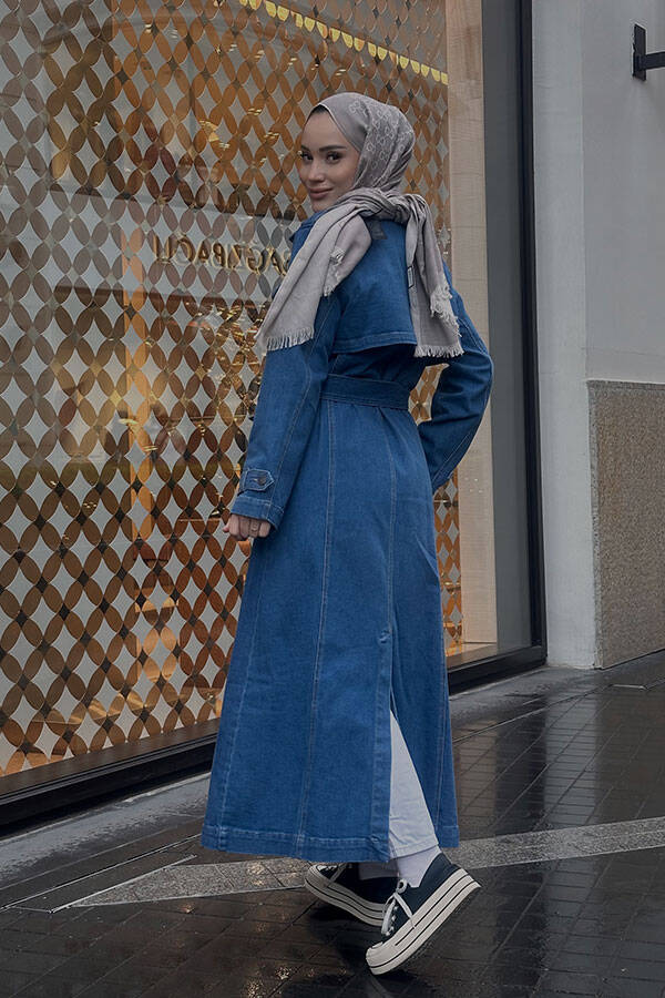 6458-Denim Allerli Trençkot Mavi