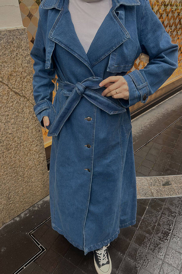 6458-Denim Allerli Trençkot Mavi