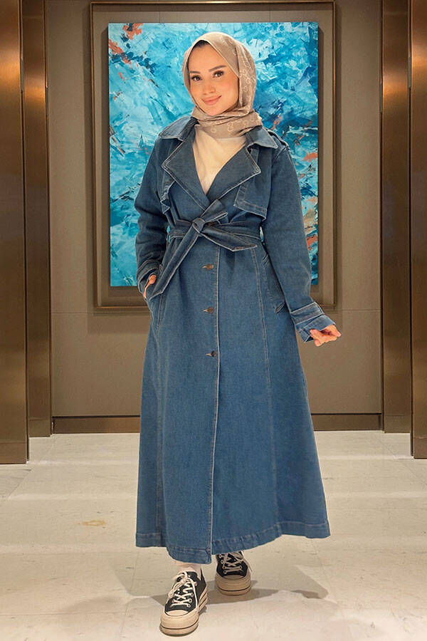 6458-Denim Allerli Trençkot Mavi