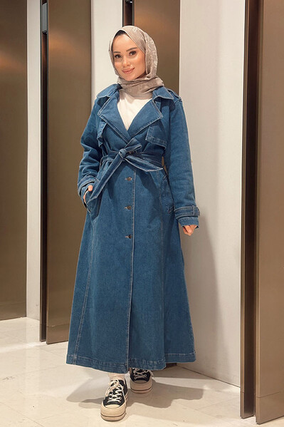 Neways - 6458-Denim Allerli Trençkot Mavi