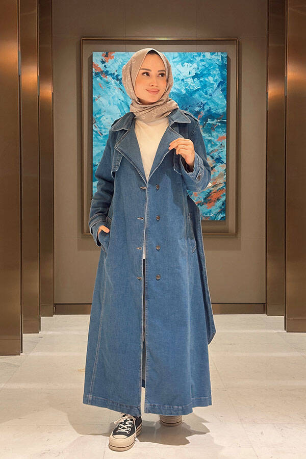 6458-Denim Allerli Trençkot Mavi