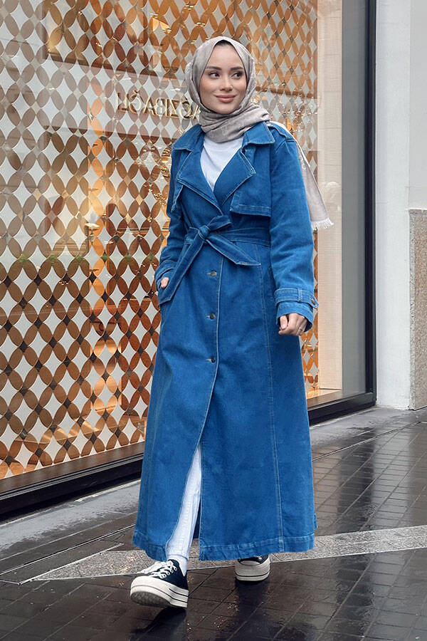 6458-Denim Allerli Trençkot Mavi
