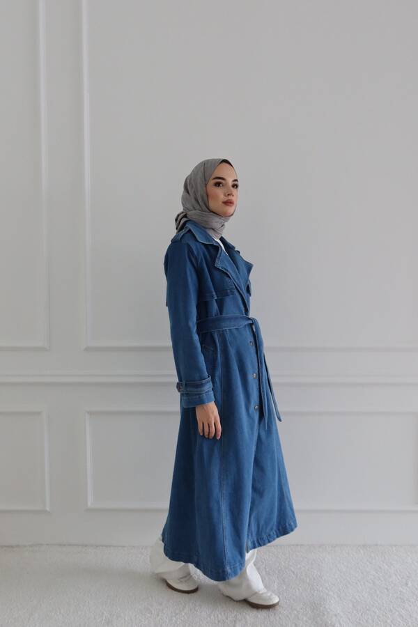 6458-Denim Allerli Trençkot Mavi