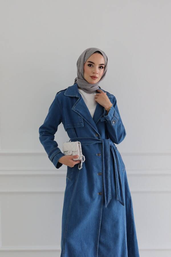 6458-Denim Allerli Trençkot Mavi