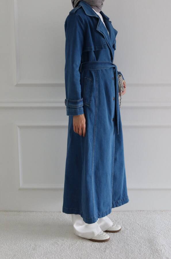 6458-Denim Allerli Trençkot Mavi
