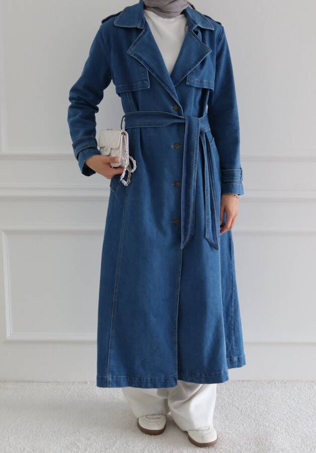 6458-Denim Allerli Trençkot Mavi