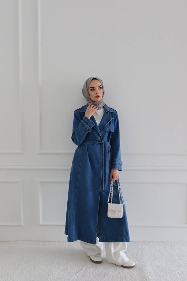 6458-Denim Allerli Trençkot Mavi