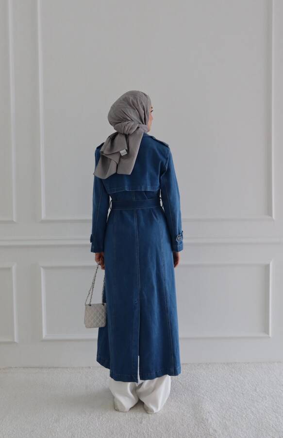 6458-Denim Allerli Trençkot Mavi