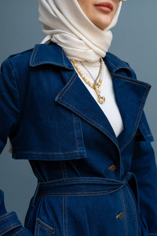 6458-Denim Trençkot Koyu Mavi