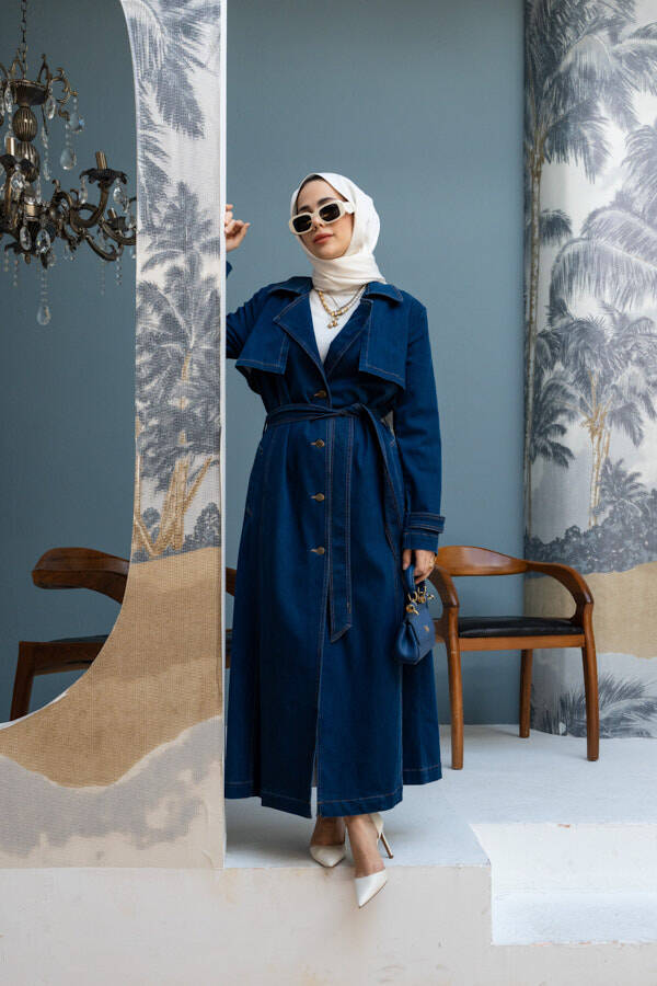6458-Denim Trençkot Koyu Mavi