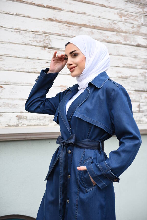 6458-Denim Trençkot Koyu Mavi