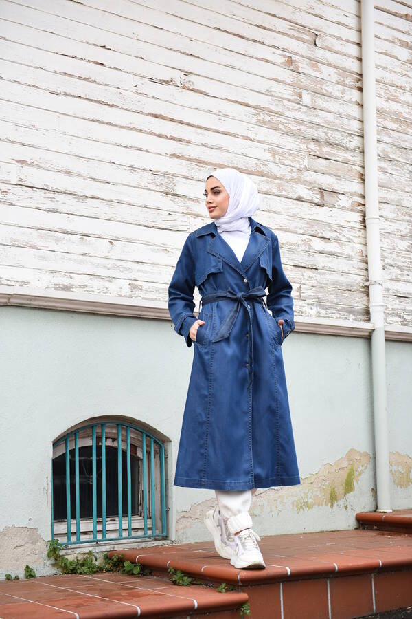 6458-Denim Trençkot Koyu Mavi