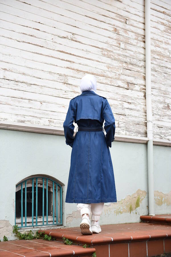 6458-Denim Trençkot Koyu Mavi