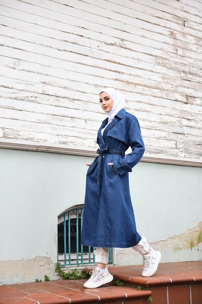 Neways - 6458-Denim Trençkot Koyu Mavi