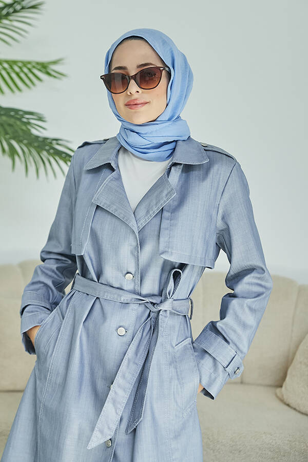 6458-Nesta Denim UZUN Trençkot Mavi