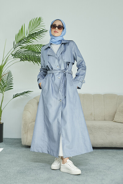 Neways - 6458-Nesta Denim UZUN Trençkot Mavi