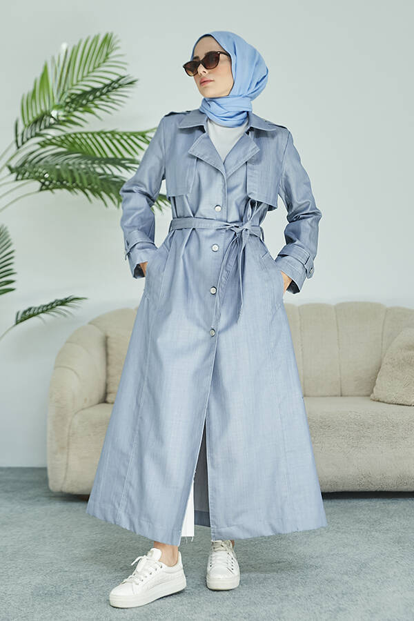6458-Nesta Denim UZUN Trençkot Mavi