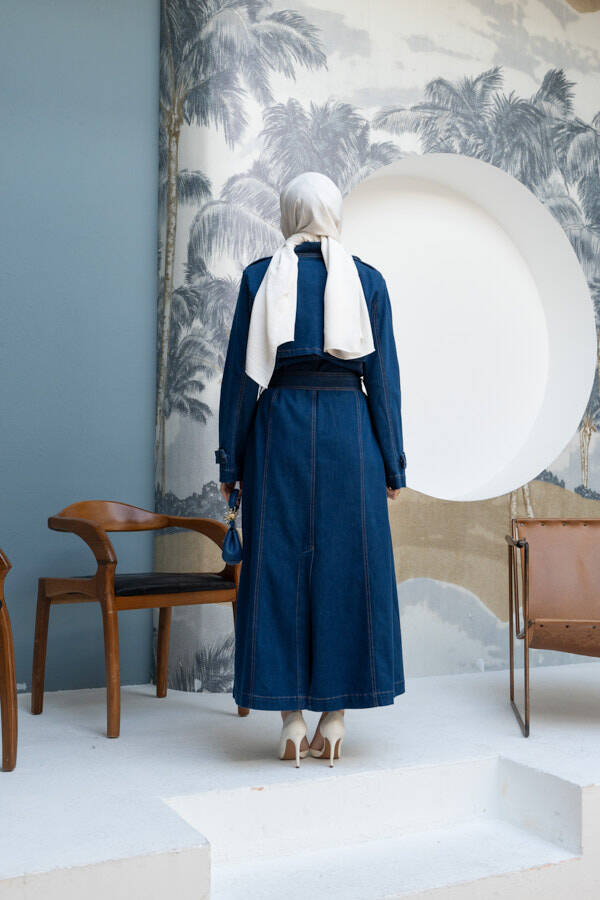 6458-Uzun Denim Trençkot Koyu Mavi