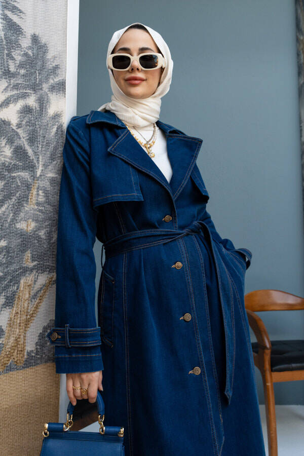 6458-Uzun Denim Trençkot Koyu Mavi
