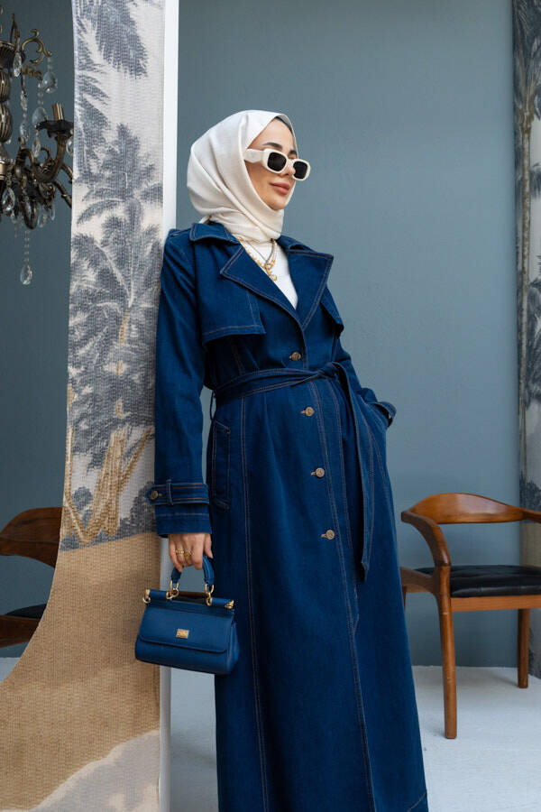 6458-Uzun Denim Trençkot Koyu Mavi