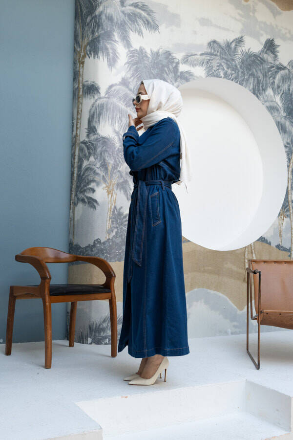 6458-Uzun Denim Trençkot Koyu Mavi