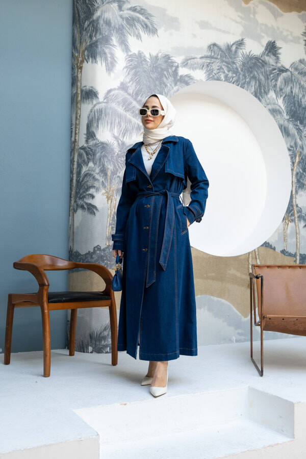 6458-Uzun Denim Trençkot Koyu Mavi