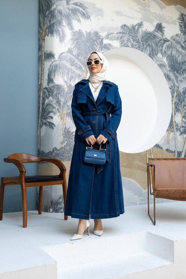 6458-Uzun Denim Trençkot Koyu Mavi
