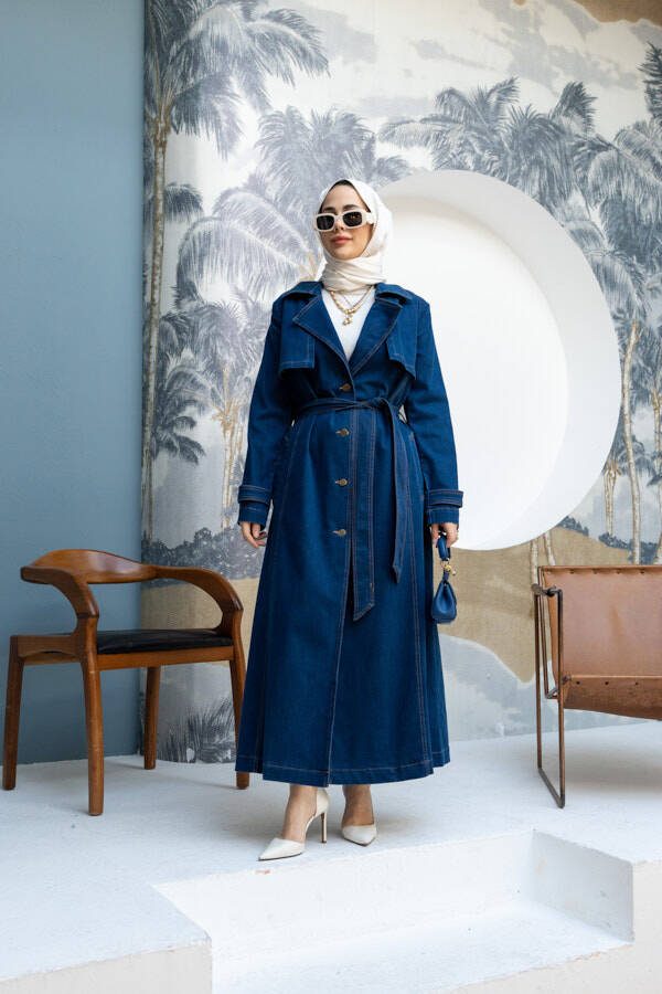 6458-Uzun Denim Trençkot Koyu Mavi