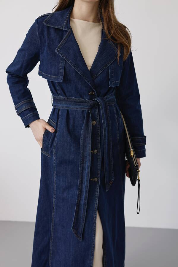 6458-Uzun Denim Trençkot Koyu Mavi