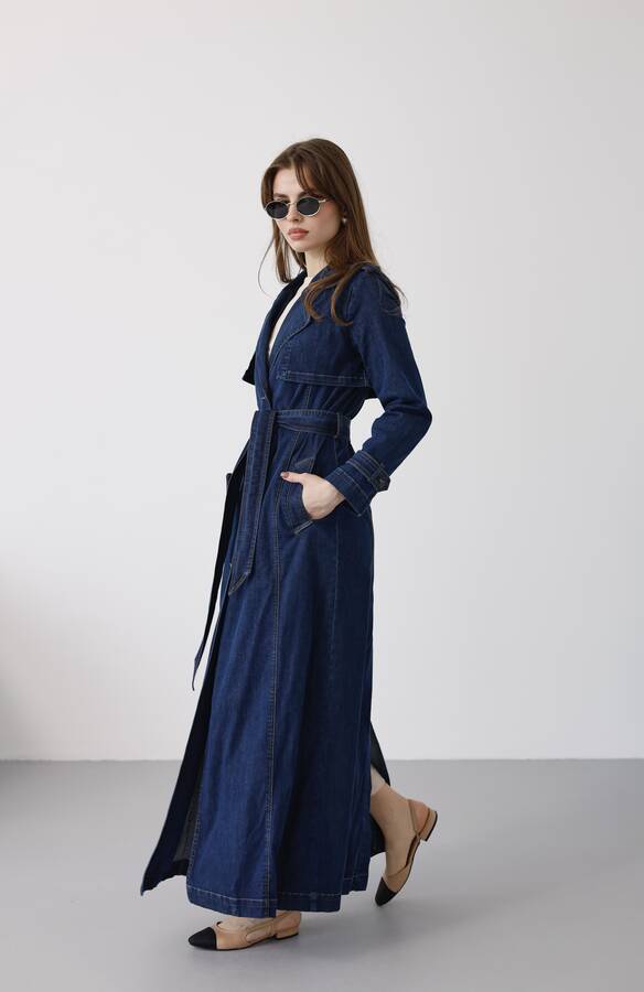 6458-Uzun Denim Trençkot Koyu Mavi