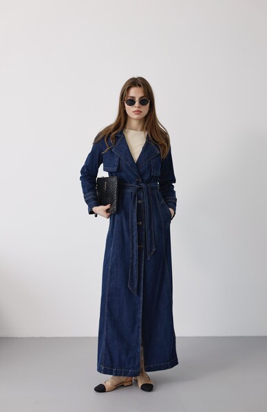 Neways - 6458-Uzun Denim Trençkot Koyu Mavi