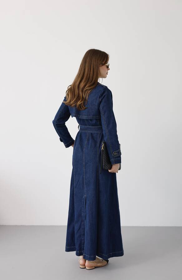 6458-Uzun Denim Trençkot Koyu Mavi