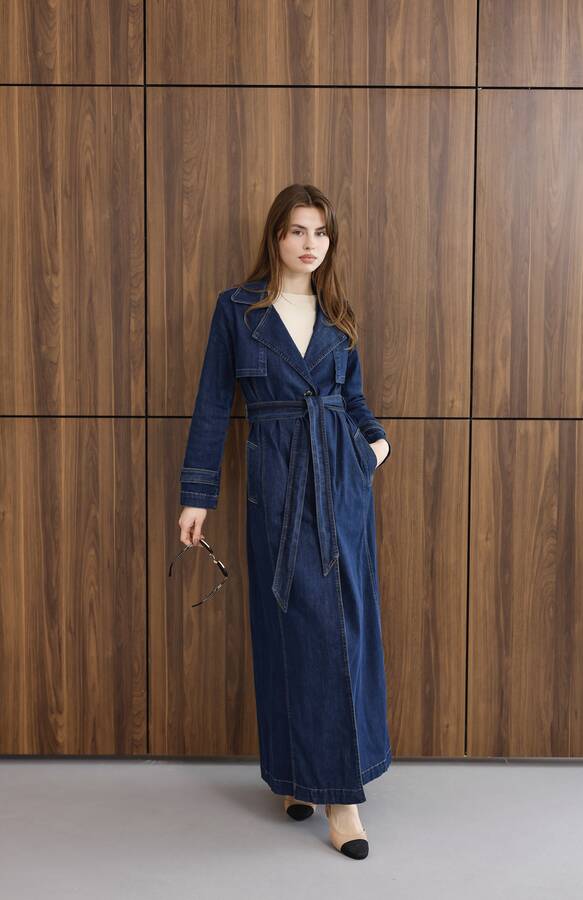 6458-Uzun Denim Trençkot Koyu Mavi