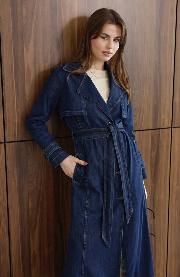 6458-Uzun Denim Trençkot Koyu Mavi