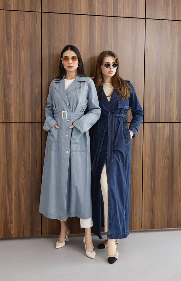 6458-Uzun Denim Trençkot Koyu Mavi
