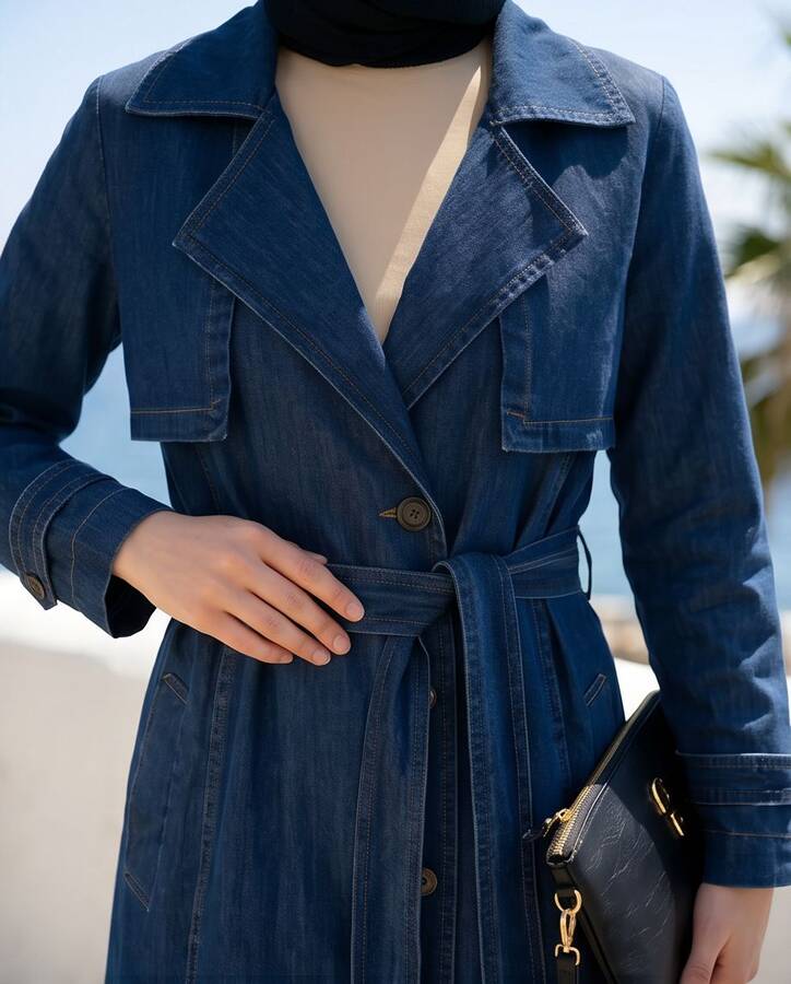 6458-Uzun Denim Trençkot Koyu Mavi