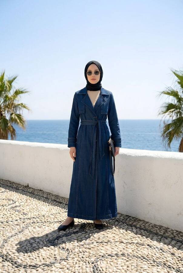 6458-Uzun Denim Trençkot Koyu Mavi