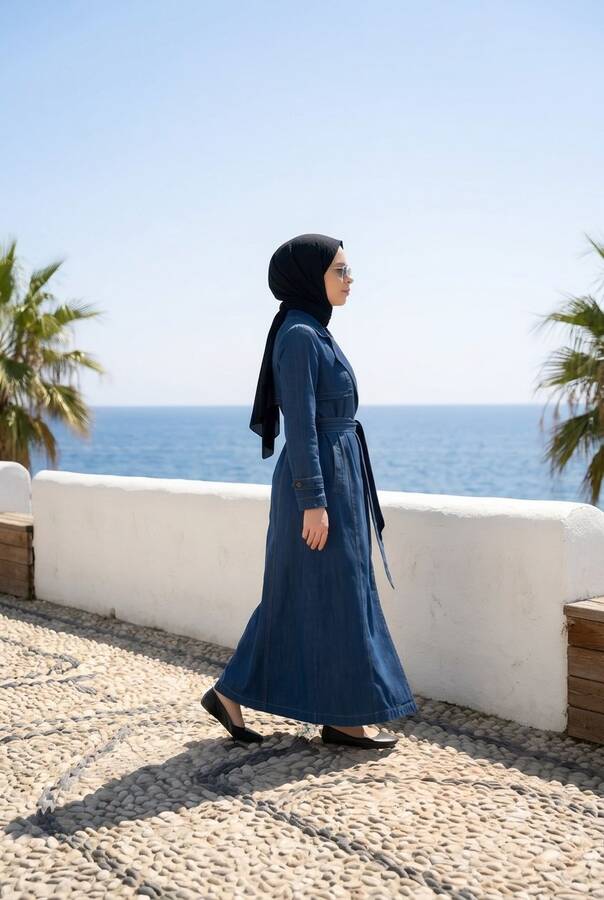 6458-Uzun Denim Trençkot Koyu Mavi