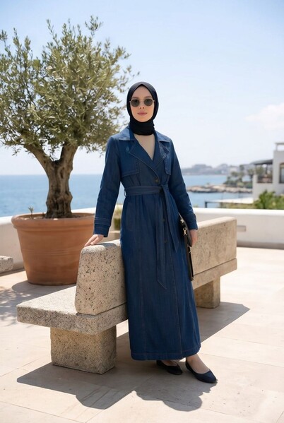 Neways - 6458-Uzun Denim Trençkot Koyu Mavi