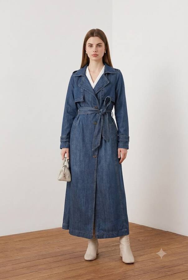 6458-Uzun Denim Trençkot Koyu Mavi
